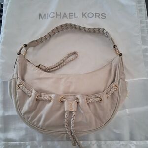 Michael Kors Light Beige Braided Leather Hobo Bag with Gold Hardware